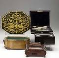 Five assorted boxes all 19th c drafting set inkwell open satinwood planter decorated octagonal box and brass footed dresser box largest 10 34 x 8 34 x 3