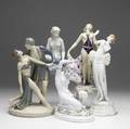 Five porcelain figurines all 20th c hutschenreuther nude royal dux dancing couple nude mermaid royal dux woman with flowing skirt deco style woman with outstretched hands tallest 13 34