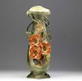 Amphora type vase early 20th c floral encrusted tall vase with vine handles in matte green glaze ht 20 34