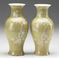 Pair of chinese porcelain vases 19th20th c yellow with enameled flowers and birds 6 34