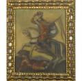 Spanish colonial style painting of the cuzco school 20th c untitled gentleman on horseback oil on canvas in gilded frame 16 x 13