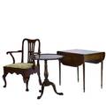 Three pieces of furniture 19th20th c pembroke mahogany drop leaf table pie crust tilt top table and english queen anne armchair drop leaf table 28 12 x 33 x 21 14