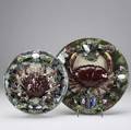 Two palissytype majolica plates portugal 19th20th c with relief figural red crabs and shells larger one with illegible impressed mark larger 12