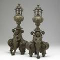 Pair of brass chenets early 20th c elaborate pair with figural cherub decoration possibly french 21