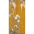 Large embroidered japanese panel meiji period silk embroidered on coppertone brocade depicts songbirds and a butterfly among wisteria chrysanthemum and various other wildflowers hooks for hanging