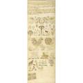 Needlework sampler english dated 1777 vertical design with animals and people as well as the alphabet and numbers doublesided glass sight 11 x 32 14