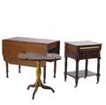 Furniture grouping including two drawer empire worktable mahogany drop leaf table and a tilt top candlestand with curly maple base 19th c largest 29 x 36 12 x 22 14