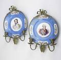 Pair of sevres wall sconces with bronze mountings 19th c portraits of a lady and a gentleman wear to gilt decoration marked s71 13 12 x 9 12 each