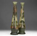Pair of art glass vases late 19thearly 20th c scenic landscape in shadings of green and orange 16 14