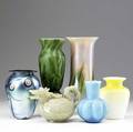 Six pieces of art glass 19th20th c two victorian satin glass vases contemporary lundberg studios vase two other contemporary vases together with an asian hardstone carving of a dragon tallest