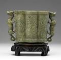 Carved jade or hardstone brush pot 20th c foo dog handles on wood stand carving 7 34