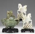 Three asian items 20th c green quartz censor together with a pair of winged horse composition figures all on wood stands tallest 9