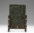 Spinach jade table screen on wood stand 20th c rectangular showing woman holding basket carving 8 x 10 14