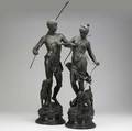Pair of classical bronze figures early 20th c male and female hunters with dogs on marble bases woman with crossbow man with spear brown patination taller 29