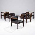 Danish modern set of five rosewood and black leather armchairs with slats to back and to sides 24 14 x 26 14 x 23 12