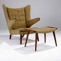 Hans wegner  ap stolen papa bear chair and matching ottoman in teak with tweed upholstery in shades of orange and green chair 39 12 x 36 x 37