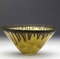 Lucie rie fine porcelain flaring bowl with dripping copper glaze over glossy deep ochre body impressed with artists seal 4 34 x 9 14
