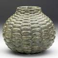 Axel salto early balustershaped private studio vase with corn relief design covered in speckled green and gray matte glaze c 1930 incised salto 6 14 x 7