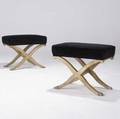 Decorative pair of stools on parchmentcovered xframe bases with silvered bronze sabots and black velvet upholstery 20 x 22 x 14