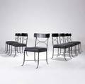 French set of eight iron and bronze dining chairs with black leatherupholstered seat pads 31 12 x 19 12 x 22