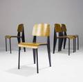Jean prouve set of four standard chairs with enameled steel frames and bent plywood seats and backs 32 14 x 16 14 x 18