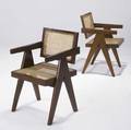 Pierre jeanneret pair of teak armchairs from chandigarh with woven cane seat and back and fabricupholstered seat pads not shown 32 14 x 19 12 x 18 14