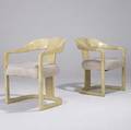 Karl springer pair of onassis armchairs of lacquered parchment with beige ultrasuede seats 32 12 23 12 x 24