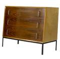 Joseph carreiro  pine and baker threedrawer cabinet in birch and walnut with vertical metal pulls on black metal base ca 1952 ref furniture forum june 1956 32 12 x 36 x 19 12