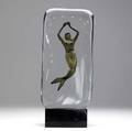 M rossi murano glass block sculpture with submerged figure of a mermaid on black base 1985 base signed m rossi murano 85 with base 18 x 7 12