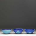 Phillip maberry triptych of porcelain bowls glazed in lapis and aqua 1980 each 2 34 x 6 dia