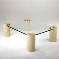 Karl springer coffee table with glass top over brasscapped tiled cylindrical bases made in phillipines tag 16 x 52 x 40