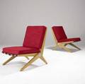 Pierre jeanneret  knoll pair of birch scissor chairs with webbed supports and red woven wool upholstery 29 12 x 20 x 27 12