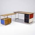 Charles eames  herman miller second series esu desk and return unit with birch tops and red white blue and chartreuse panels the desks drawer fronts are metal the returns are birch desk has mil
