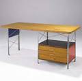 Charles eames  herman miller firstgeneration esu singlepedestal desk with birch top and drawer fronts zinc pulls and multicolored panels on angleiron frame herman millerzeeland michigan decal