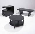 Widdicomb etc three occasional tables with ebonized finish one by widdicomb with two shelves the others in oak one with single drawer with recessed pull widdicomb table marked 24 14 x 16 12