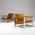 Milo baughman  thayer coggin pair of polished steel lounge chair with gold chenille upholstery 26 12 x 30 x 28