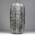 Claude conover large stoneware vessel yibal with impressed pattern and incised lines on a mottled black and white ground complete with original plastic insert 25 12 x 10 12 dia