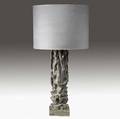 James mont carved wood table lamp with original milk glass insert and drum shade 41 34 x 21 14