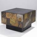 Paul evans cube table with slate top and copper bronze and pewter patchwork on hidden casters 23 12 x 29 12 sq