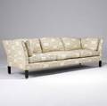 Edward wormley  dunbar threeseat sofa with ivory and beige patterned fabric upholstery on darkstained legs with brass feet upholstery marked dunbar 27 12 x 81 x 28 12