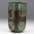 Marguerite wildenhain  pond farm foursided stoneware vessel with incised and impressed patterns covered in celadon and mahogany glaze incised wildenhain 7 12 x 4 sq