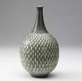 Harrison mcintosh bottleshaped stoneware vase with chevron pattern in speckled ivory olive and light blue matte glaze harrison mcintosh paper label and impressed artists cipher 10 x 5 14