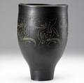 Scheier glazed black ceramic vase with sgraffito decoration incised scheier 11 12 x 7 12 dia