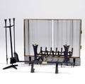 Donald deskey  bennett ninepiece brass and castiron fireplace set consisting of log holder fireplace tools pair of andirons with firedog firescreen and log holder andirons stamped bennett fir