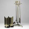 Donald deskey  bennett sixpiece brass and castiron fireplace set consisting of three fireplace tools on stand and a pair of andirons all with feather motif andirons stamped bennett also des pa
