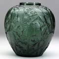 Lalique perruches vase in green glass c 1919 m p 410 no 876 signed r lalique france 10 x 9