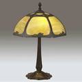 Bradley  hubbard table lamp its pierced shade with a poppy motif lined in green and caramel slag glass over a threesocket arts  crafts base triangular stamp within socket cluster 22 12 x 15 1