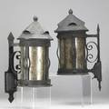 Arts  crafts lighting pair of cylindrical hammered copper lanterns with vented caps and mica lining unmarked 19 x 7 12