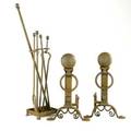 Arts  crafts fireplace set with ball top andirons complete with tools in stand unmarked andirons 25 x 16 x 24 12