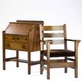 Stickley l  jg stickley dropfront desk no 660 and gustav stickley armchair no 349 12a the desk with two drawers and gallery interior the chair upholstered in chocolate brown velvet bra